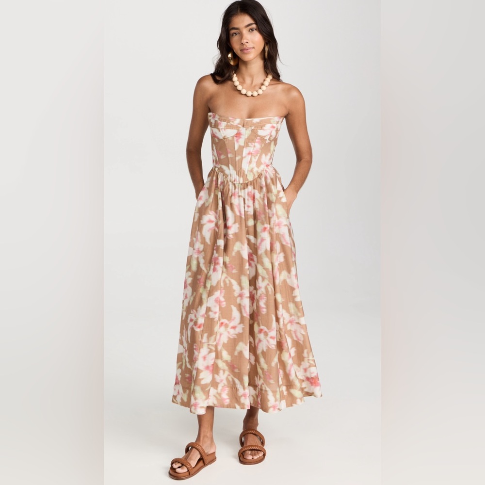 Bardot Lola Corset Midi Floral Dress with voluminous free flowing skirt